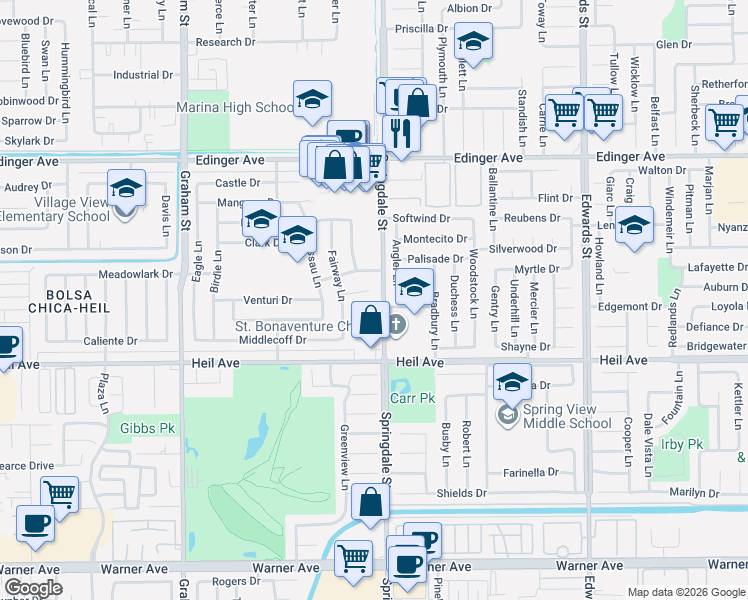 map of restaurants, bars, coffee shops, grocery stores, and more near 16351 Springdale Street in Huntington Beach