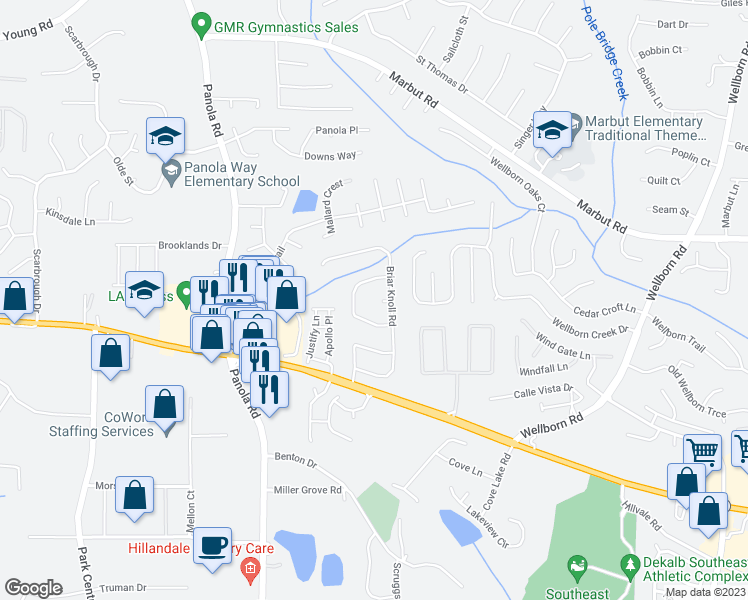 map of restaurants, bars, coffee shops, grocery stores, and more near 5632 Briar Knoll Court in Lithonia