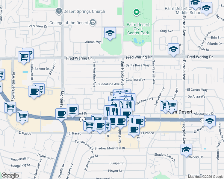map of restaurants, bars, coffee shops, grocery stores, and more near 73410 Royal Palm Drive in Palm Desert