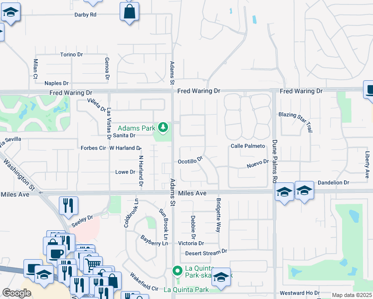 map of restaurants, bars, coffee shops, grocery stores, and more near 44545 Pala Circle in La Quinta