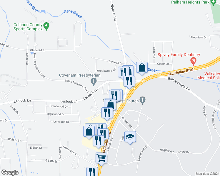 map of restaurants, bars, coffee shops, grocery stores, and more near 5807 Woodgate Circle in Anniston