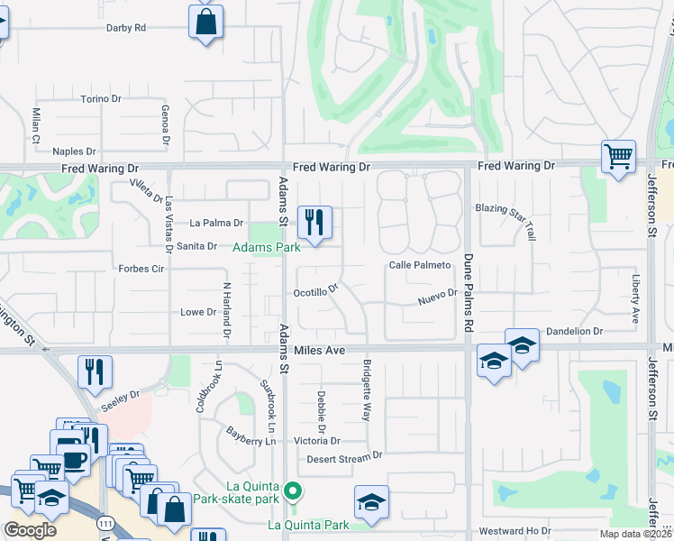 map of restaurants, bars, coffee shops, grocery stores, and more near 44570 Pala Circle in La Quinta