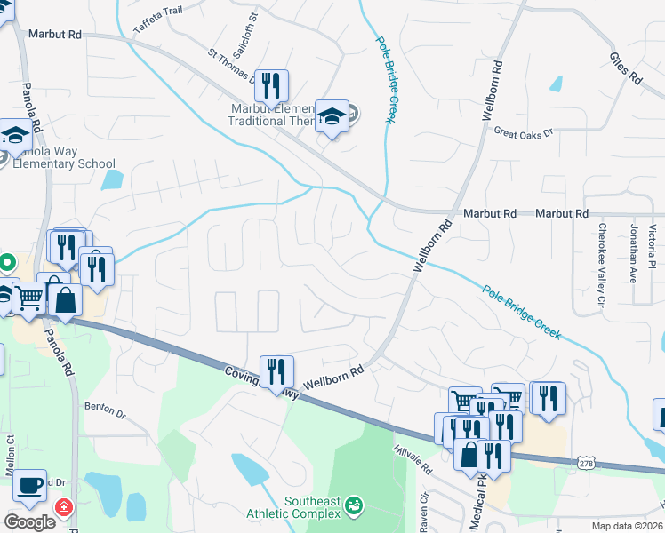 map of restaurants, bars, coffee shops, grocery stores, and more near 5763 Wellborn Creek Drive in Lithonia