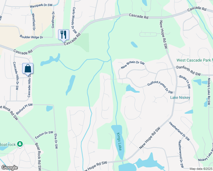 map of restaurants, bars, coffee shops, grocery stores, and more near 4850 Guilford Forest Drive Southwest in Atlanta