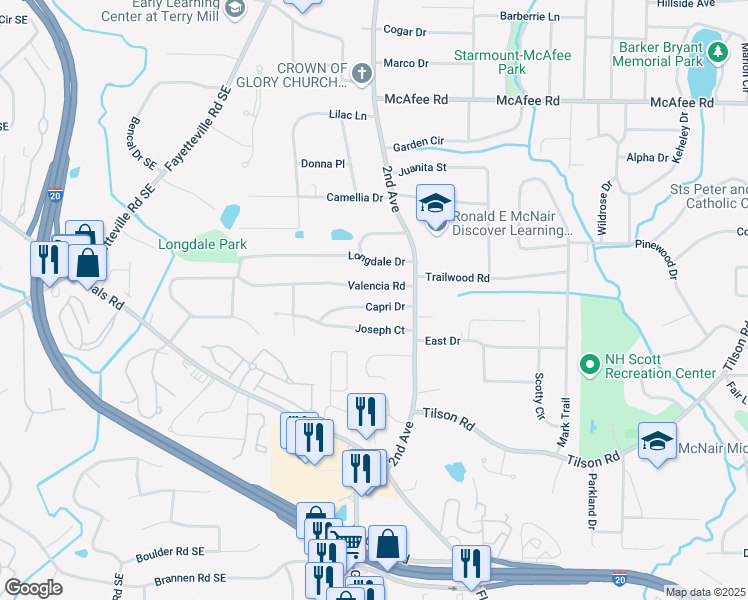 map of restaurants, bars, coffee shops, grocery stores, and more near 1970 Capri Drive in Decatur