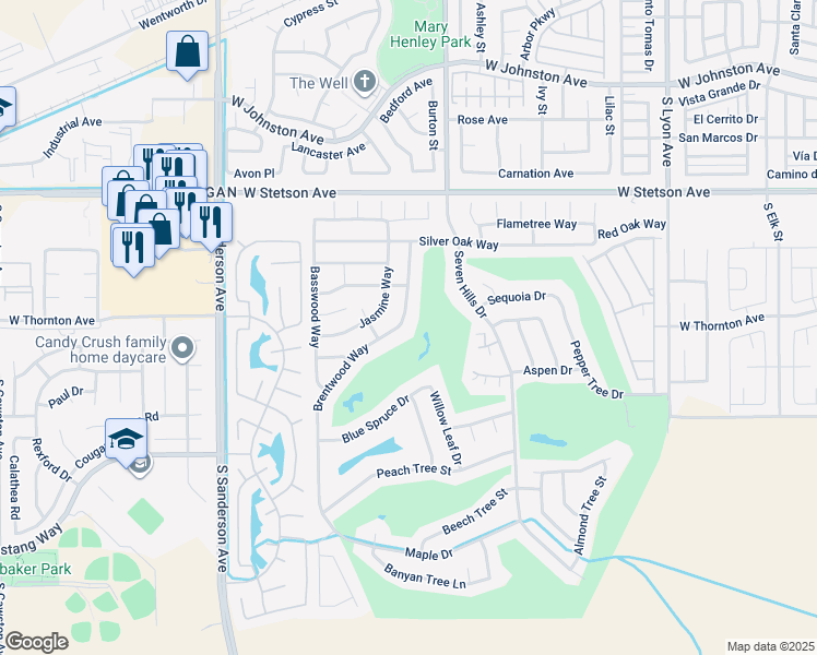 map of restaurants, bars, coffee shops, grocery stores, and more near 1330 Brentwood Way in Hemet