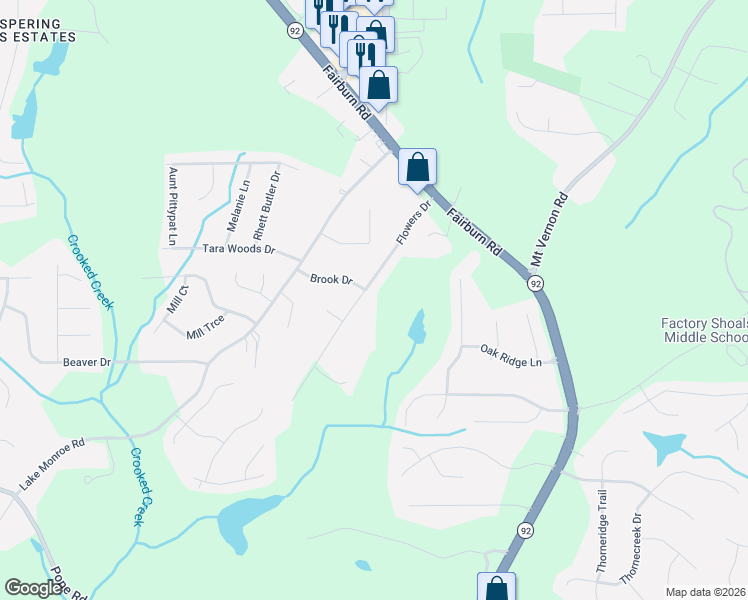 map of restaurants, bars, coffee shops, grocery stores, and more near 2976 Flowers Drive in Douglasville