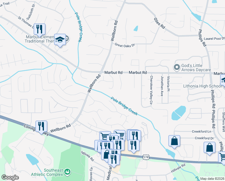 map of restaurants, bars, coffee shops, grocery stores, and more near 2178 Sara Ashley Way in Lithonia