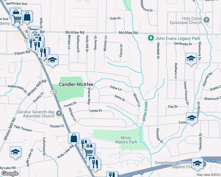 map of restaurants, bars, coffee shops, grocery stores, and more near 2933 Edna Lane in Decatur