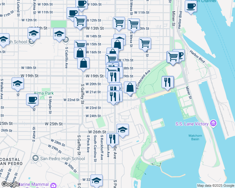 map of restaurants, bars, coffee shops, grocery stores, and more near 2102 South Pacific Avenue in Los Angeles