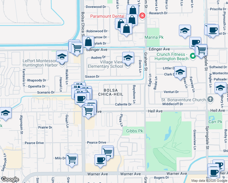 map of restaurants, bars, coffee shops, grocery stores, and more near 16352 Santa Anita Lane in Huntington Beach