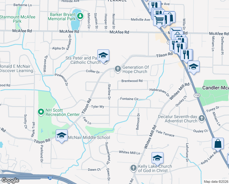 map of restaurants, bars, coffee shops, grocery stores, and more near 2445 Habersham Drive in Decatur