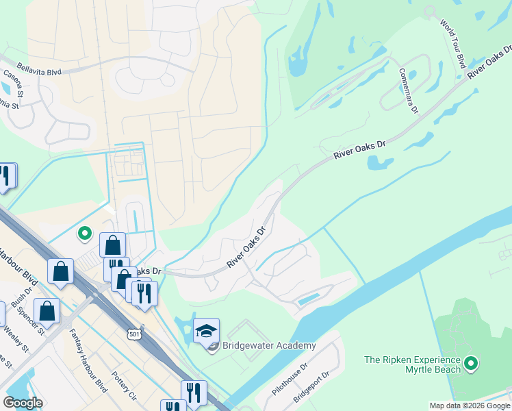 map of restaurants, bars, coffee shops, grocery stores, and more near 573 Blue River Court in Myrtle Beach