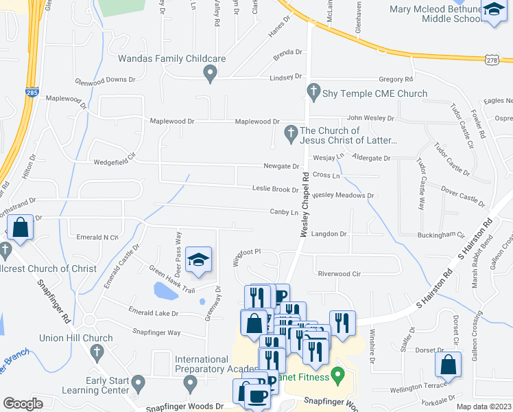 map of restaurants, bars, coffee shops, grocery stores, and more near 4214 Canby Lane in Decatur
