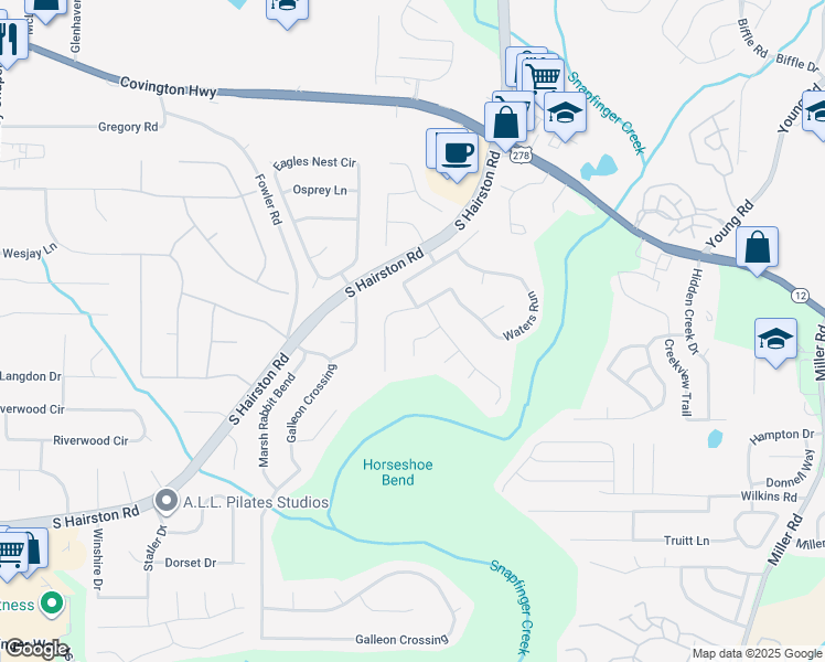 map of restaurants, bars, coffee shops, grocery stores, and more near 2330 Bankside Circle in Decatur