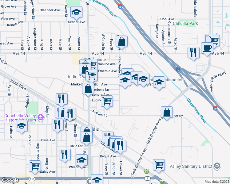 map of restaurants, bars, coffee shops, grocery stores, and more near 83202 Sonora Avenue in Indio