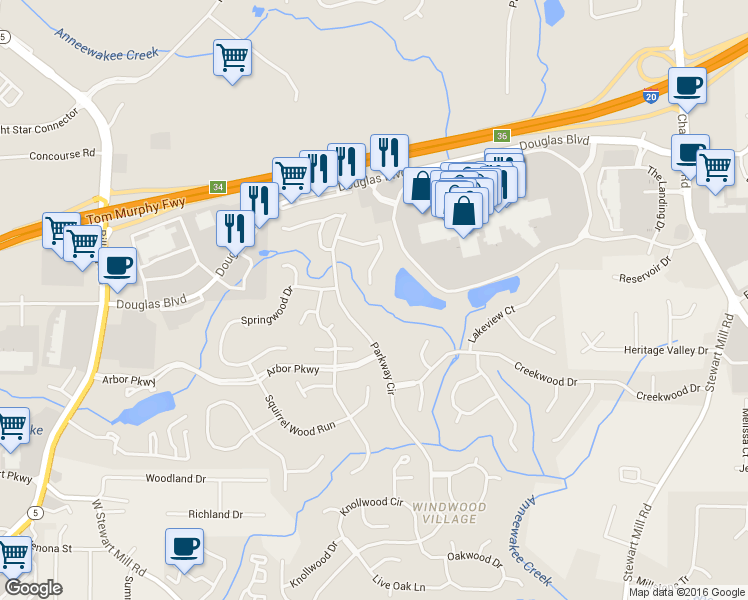 map of restaurants, bars, coffee shops, grocery stores, and more near 6861 Lakewood Terrace in Douglasville