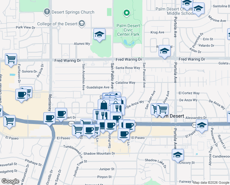 map of restaurants, bars, coffee shops, grocery stores, and more near 44-530 San Pablo Avenue in Palm Desert