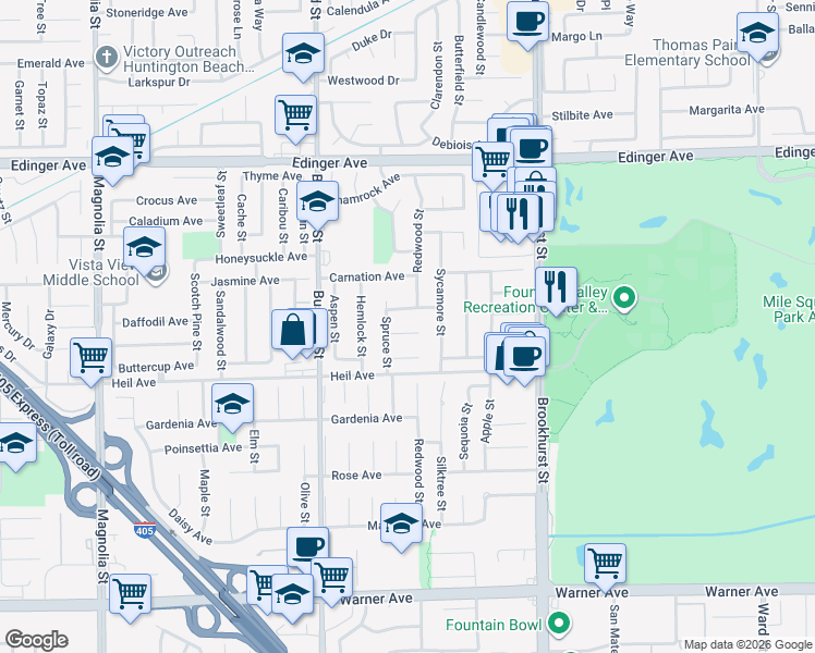 map of restaurants, bars, coffee shops, grocery stores, and more near 9688 Poppy Circle in Fountain Valley