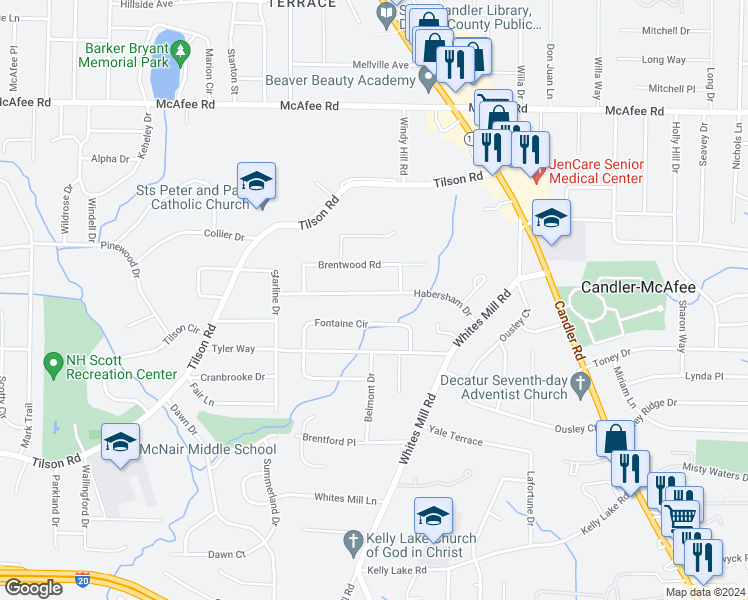 map of restaurants, bars, coffee shops, grocery stores, and more near 2529 Habersham Drive in Decatur