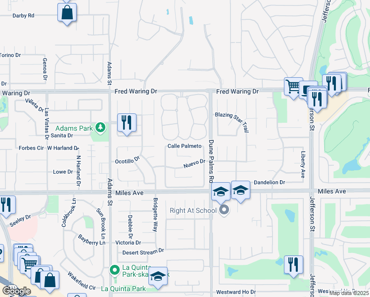 map of restaurants, bars, coffee shops, grocery stores, and more near 79378 Calle Prospero in La Quinta