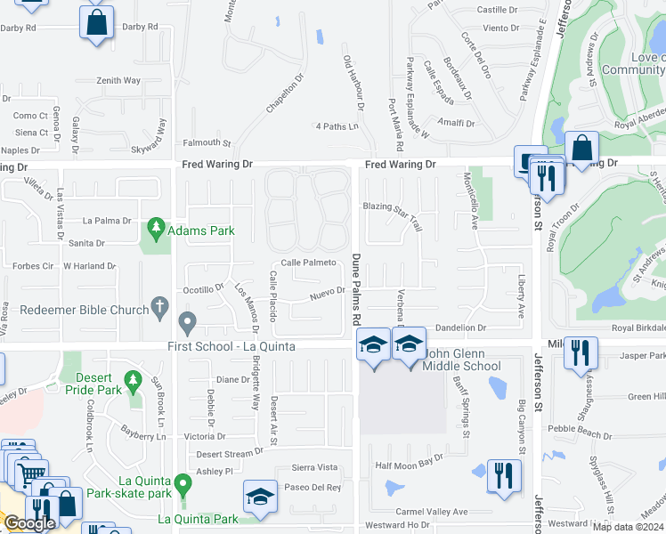 map of restaurants, bars, coffee shops, grocery stores, and more near 79459 Calle Palmeto in La Quinta