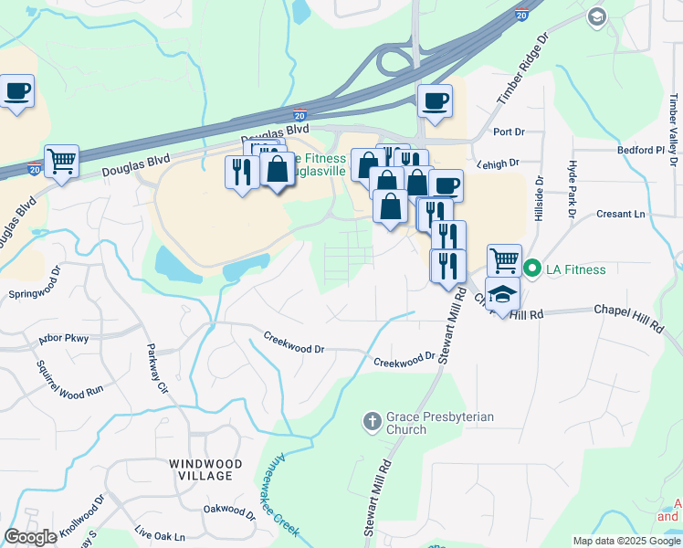 map of restaurants, bars, coffee shops, grocery stores, and more near 2105 Stillhaven Place in Douglasville