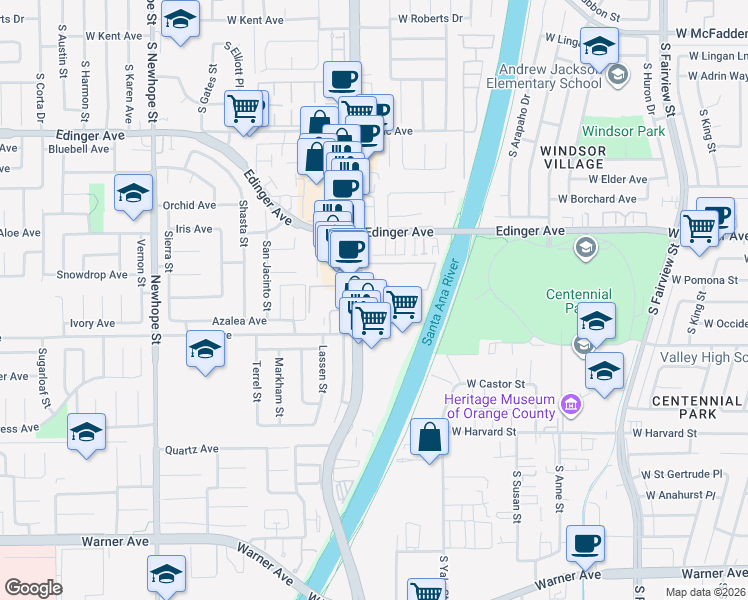map of restaurants, bars, coffee shops, grocery stores, and more near 16440 Harbor Boulevard in Fountain Valley