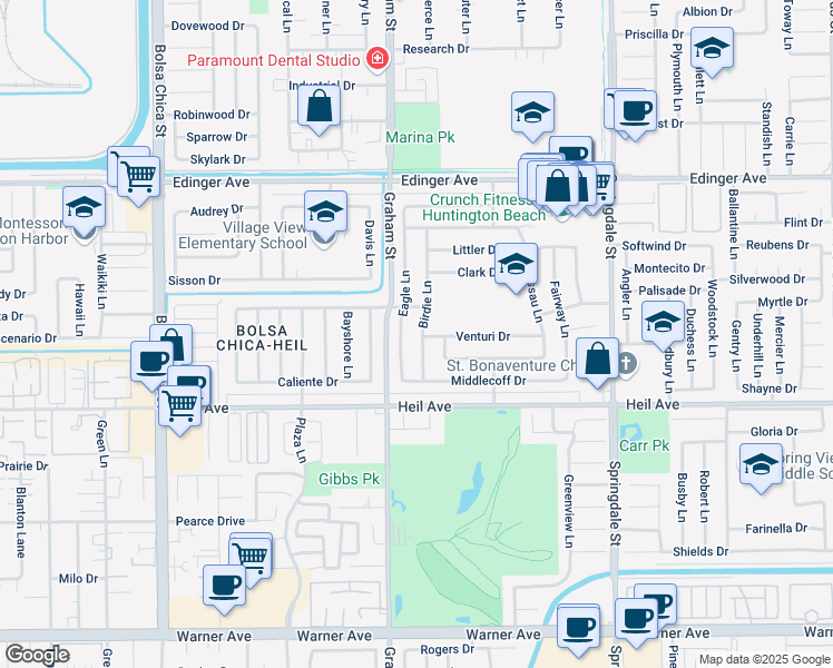 map of restaurants, bars, coffee shops, grocery stores, and more near 16362 Eagle Lane in Huntington Beach