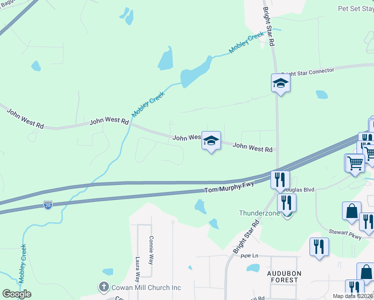 map of restaurants, bars, coffee shops, grocery stores, and more near 6424 Shadow Court in Douglasville