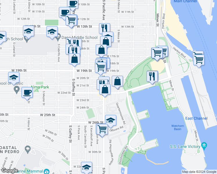 map of restaurants, bars, coffee shops, grocery stores, and more near 467 West 21st Street in Los Angeles