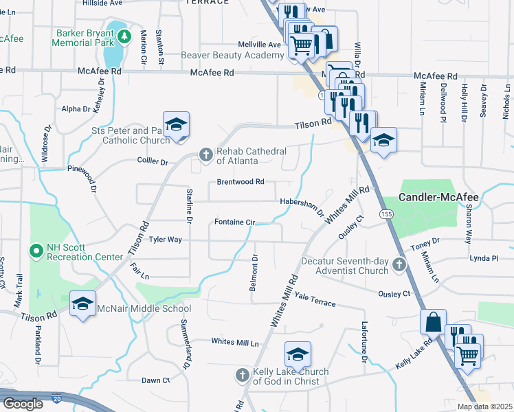 map of restaurants, bars, coffee shops, grocery stores, and more near 2529 Habersham Drive in Decatur