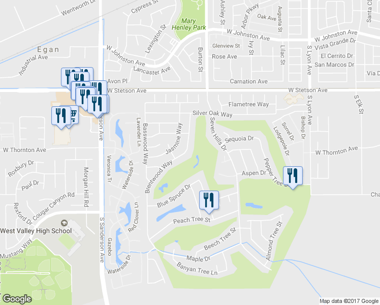 map of restaurants, bars, coffee shops, grocery stores, and more near 1330 Brentwood Way in Hemet
