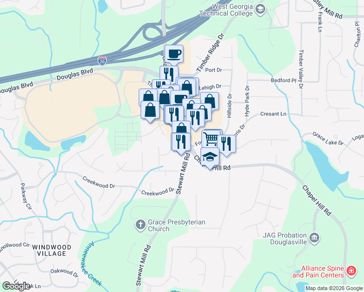 map of restaurants, bars, coffee shops, grocery stores, and more near 2959 Chapel Hill Road in Douglasville