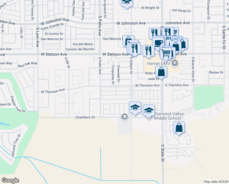 map of restaurants, bars, coffee shops, grocery stores, and more near 640 Bahama Drive in Hemet