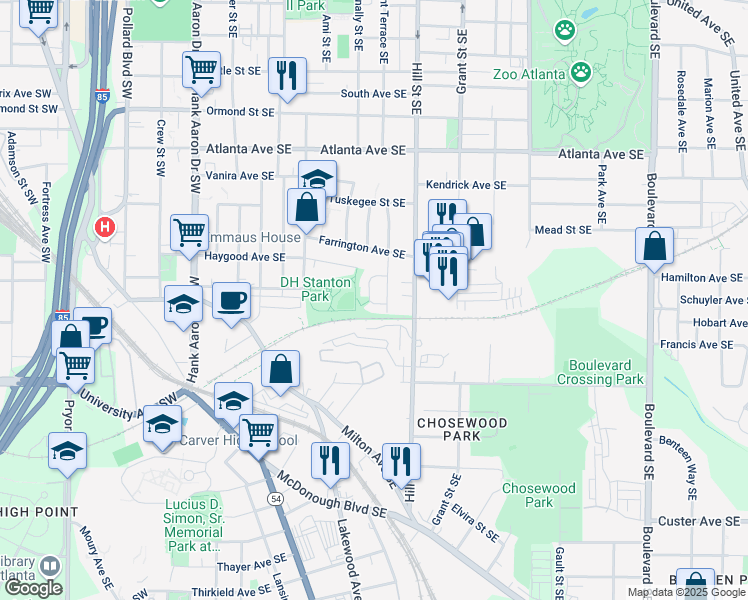 map of restaurants, bars, coffee shops, grocery stores, and more near 1076 Grant Way Southeast in Atlanta