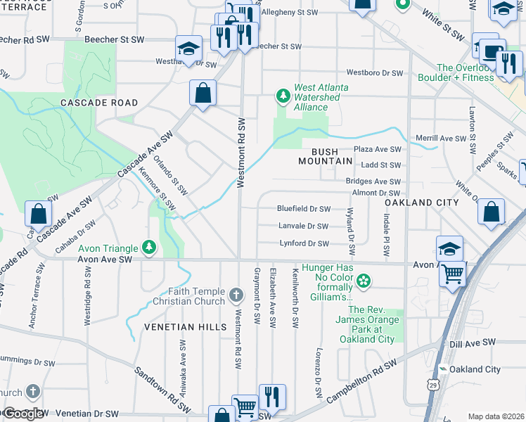 map of restaurants, bars, coffee shops, grocery stores, and more near 1108 Graymont Drive Southwest in Atlanta