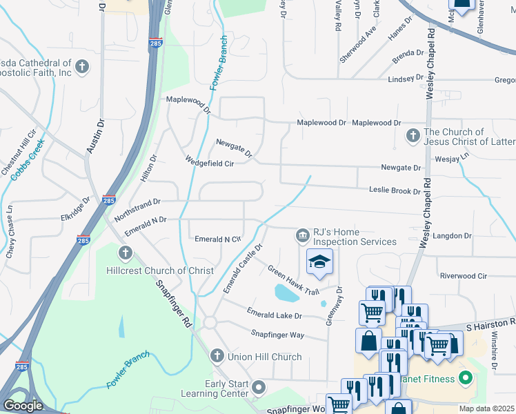 map of restaurants, bars, coffee shops, grocery stores, and more near 4049 Northstrand Drive in Decatur