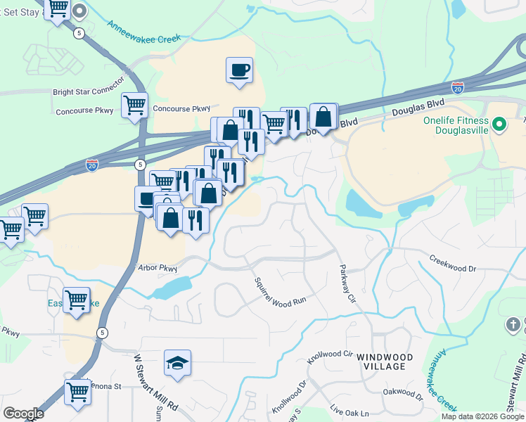 map of restaurants, bars, coffee shops, grocery stores, and more near 6839 Springwood Drive in Douglasville