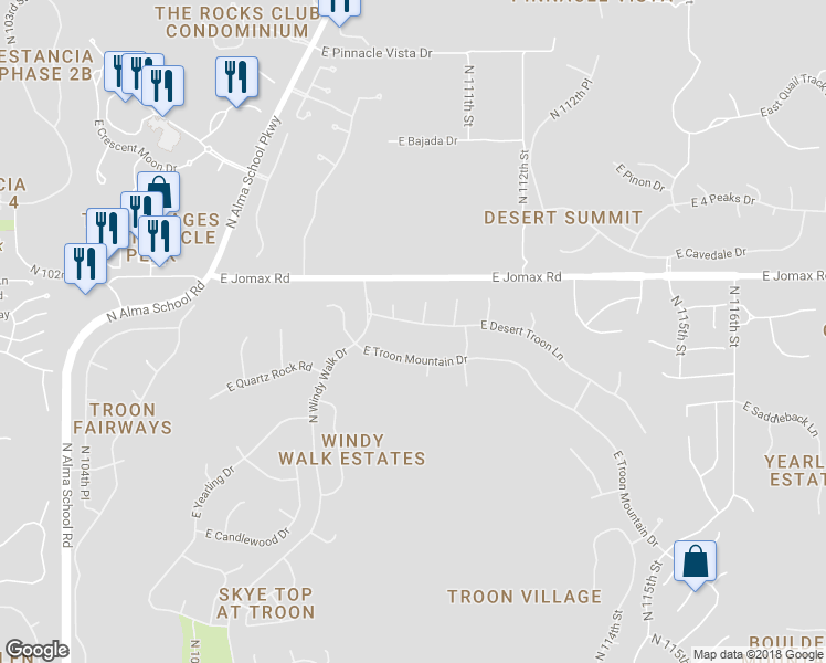 map of restaurants, bars, coffee shops, grocery stores, and more near 11012 East Troon Mountain Drive in Scottsdale