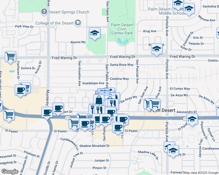 map of restaurants, bars, coffee shops, grocery stores, and more near 44596 San Pablo Avenue in Palm Desert