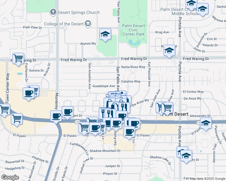 map of restaurants, bars, coffee shops, grocery stores, and more near 73451 Royal Palm Drive in Palm Desert