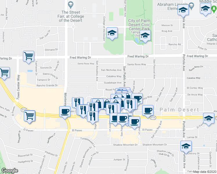 map of restaurants, bars, coffee shops, grocery stores, and more near 73345 Royal Palm Drive in Palm Desert