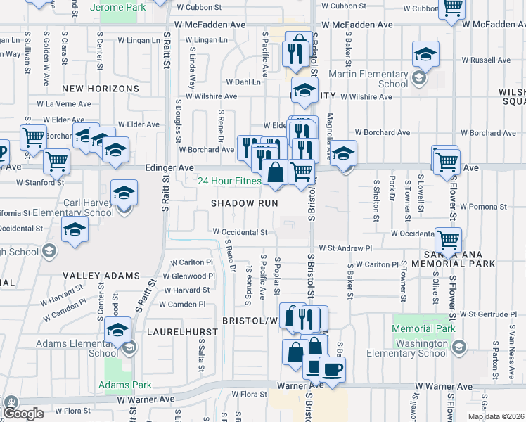 map of restaurants, bars, coffee shops, grocery stores, and more near 1702 South Poplar Street in Santa Ana