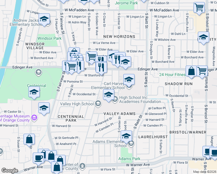 map of restaurants, bars, coffee shops, grocery stores, and more near 1705 South Townsend Street in Santa Ana