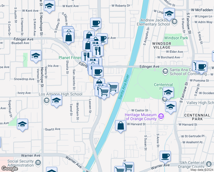 map of restaurants, bars, coffee shops, grocery stores, and more near 16440 Harbor Boulevard in Fountain Valley