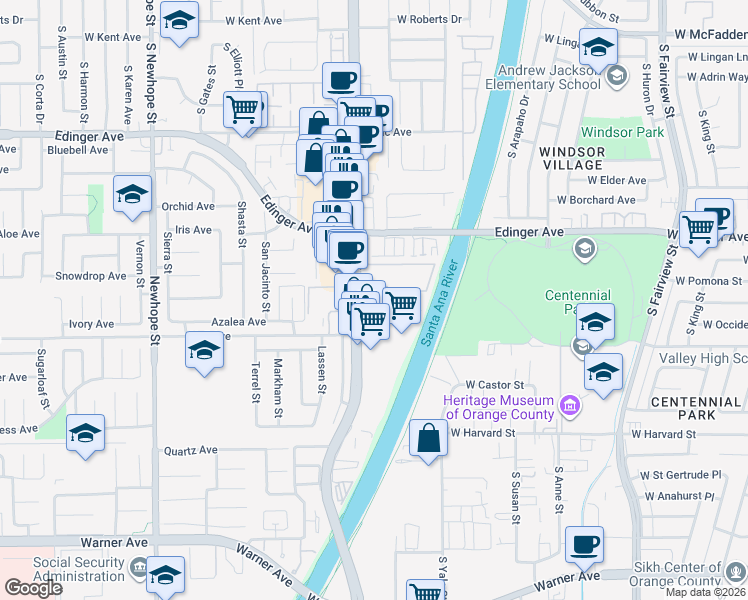 map of restaurants, bars, coffee shops, grocery stores, and more near 16440 Harbor Boulevard in Fountain Valley