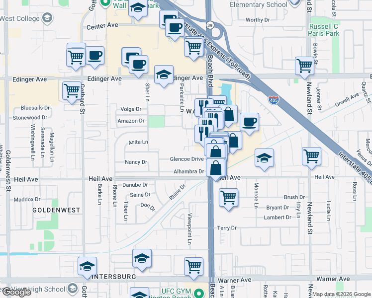 map of restaurants, bars, coffee shops, grocery stores, and more near 7871 Glencoe Drive in Huntington Beach