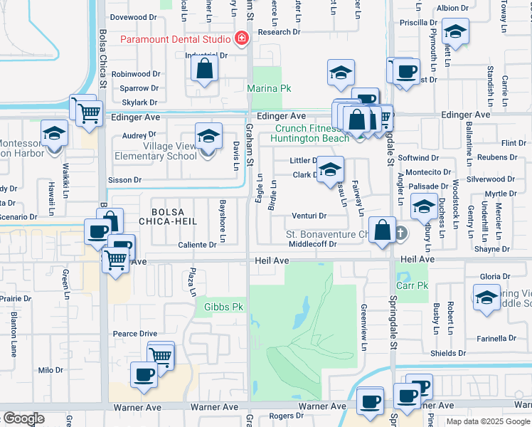 map of restaurants, bars, coffee shops, grocery stores, and more near 16362 Eagle Lane in Huntington Beach