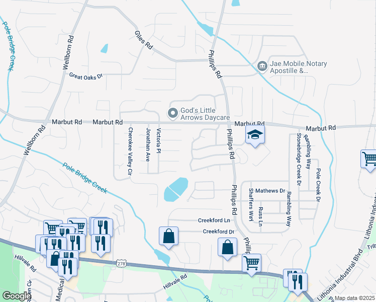 map of restaurants, bars, coffee shops, grocery stores, and more near 6185 Marbut Farms Trail in Lithonia
